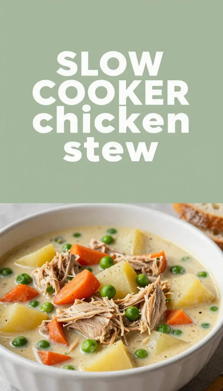 A hearty slow cooker chicken stew with carrots, potatoes, and herbs
