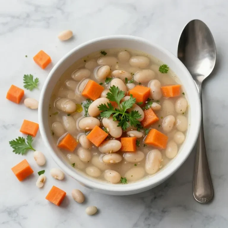 A bowl of slow cooker vegetable bean soup garnished with fresh herbs and served with crusty bread