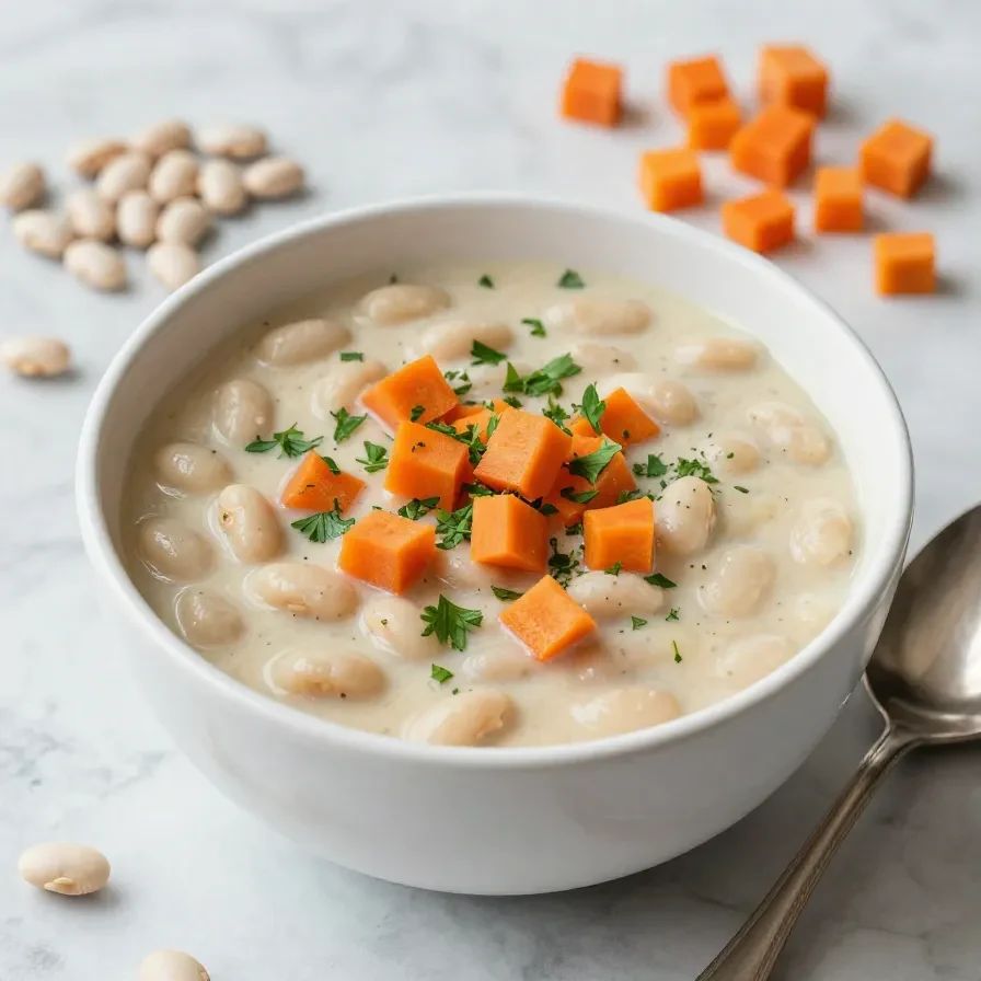 A bowl of slow cooker vegetable bean soup garnished with fresh herbs and served with crusty bread