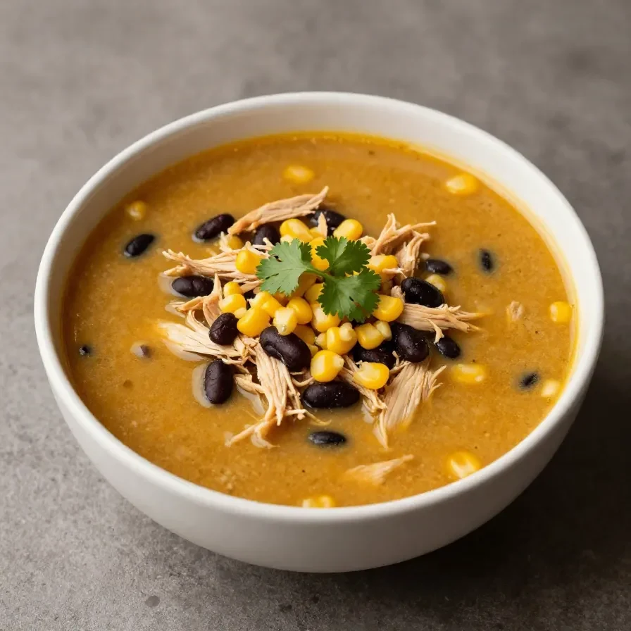 A steaming bowl of chicken enchilada soup topped with cilantro and cheese