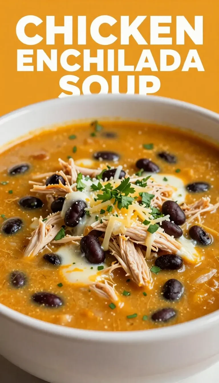 A steaming bowl of chicken enchilada soup topped with cilantro and cheese