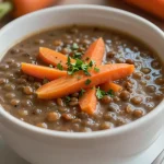 A bowl of hearty slow cooker lentil soup garnished with fresh herbs