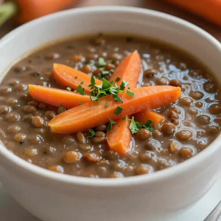 A bowl of hearty slow cooker lentil soup garnished with fresh herbs