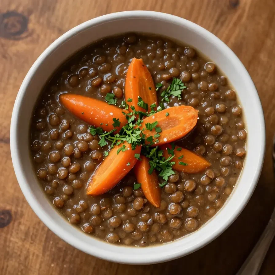 A bowl of hearty slow cooker lentil soup garnished with fresh herbs