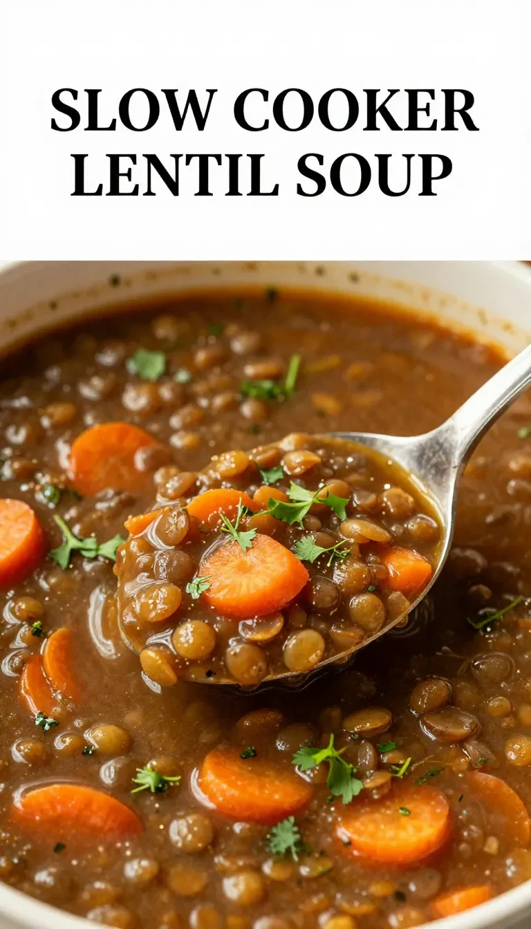 A bowl of hearty slow cooker lentil soup garnished with fresh herbs
