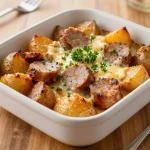 A hearty sweet potato and sausage casserole baked to perfection, garnished with fresh herbs.