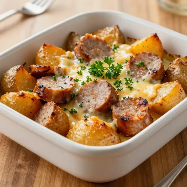 A hearty sweet potato and sausage casserole baked to perfection, garnished with fresh herbs.
