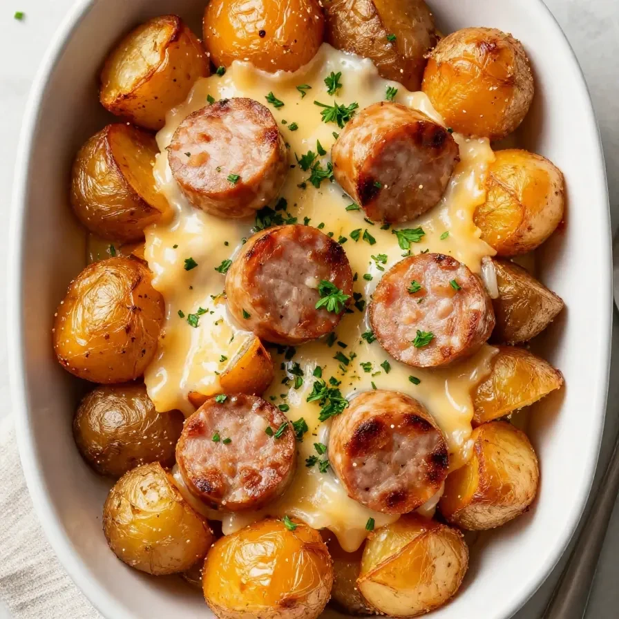 A hearty sweet potato and sausage casserole baked to perfection, garnished with fresh herbs.