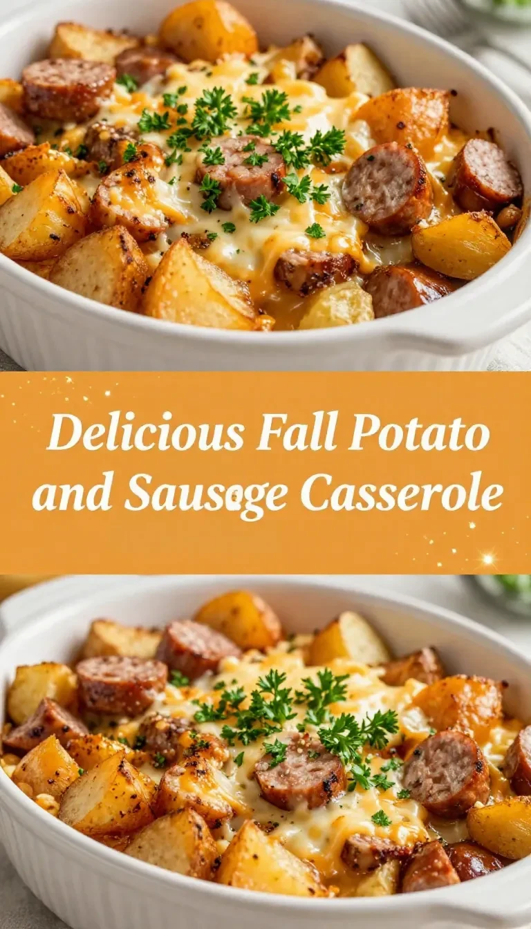 A hearty sweet potato and sausage casserole baked to perfection, garnished with fresh herbs.