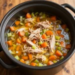 A steaming bowl of classic chicken soup with vegetables and herbs
