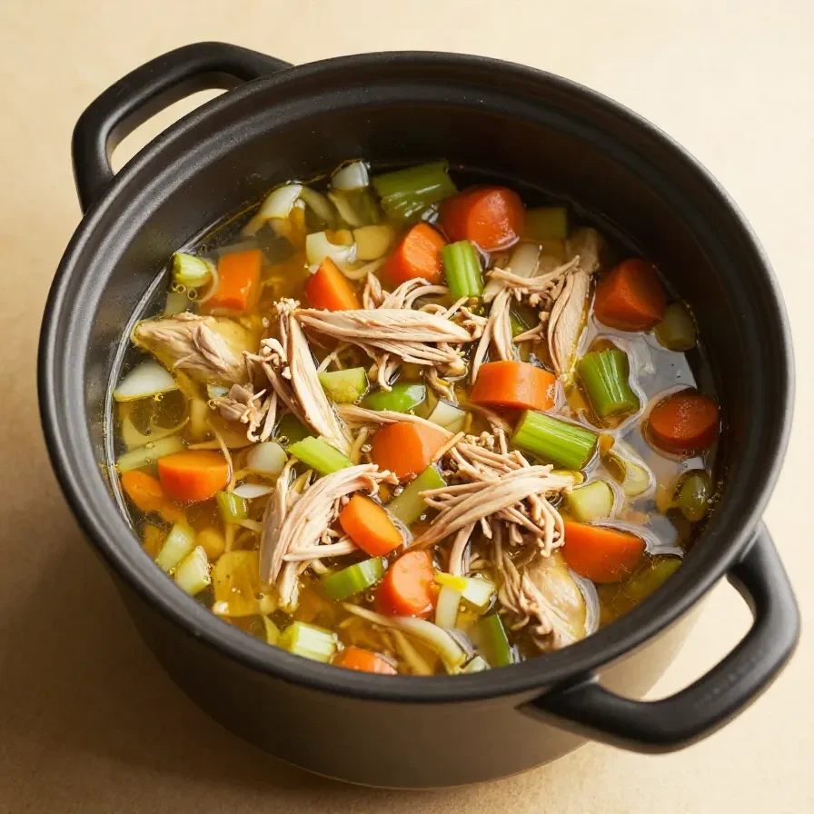 A steaming bowl of classic chicken soup with vegetables and herbs