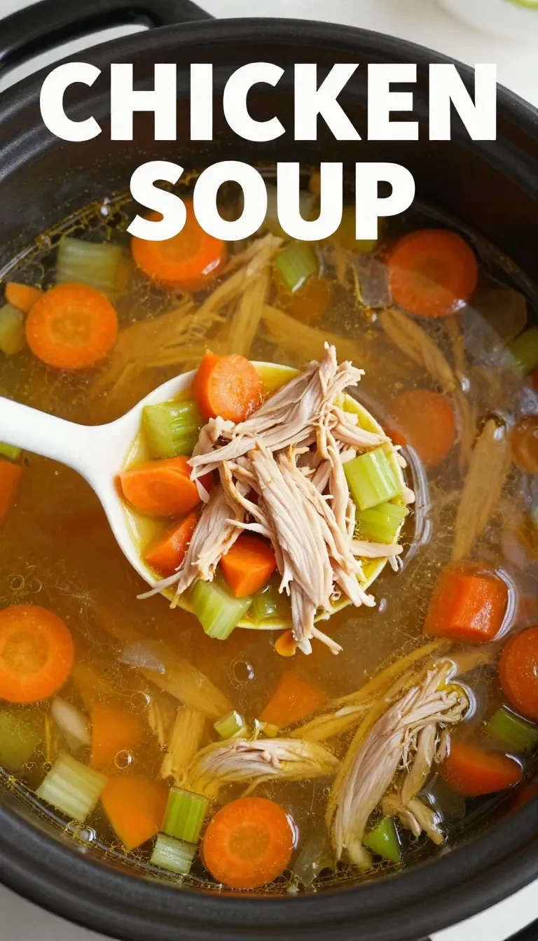 A steaming bowl of classic chicken soup with vegetables and herbs