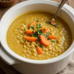 A bowl of hearty slow cooker lentil soup topped with fresh herbs