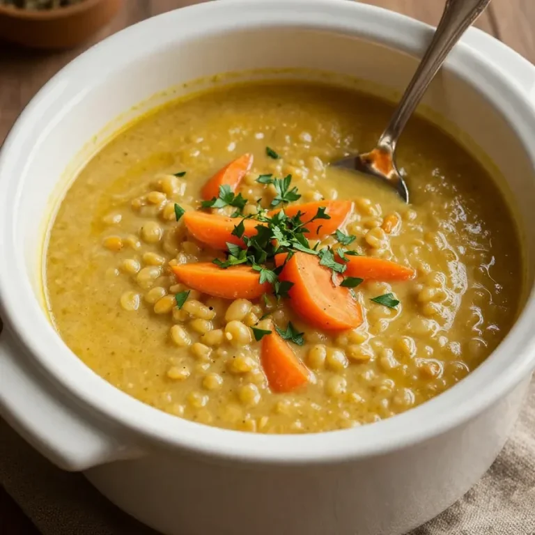 A bowl of hearty slow cooker lentil soup topped with fresh herbs