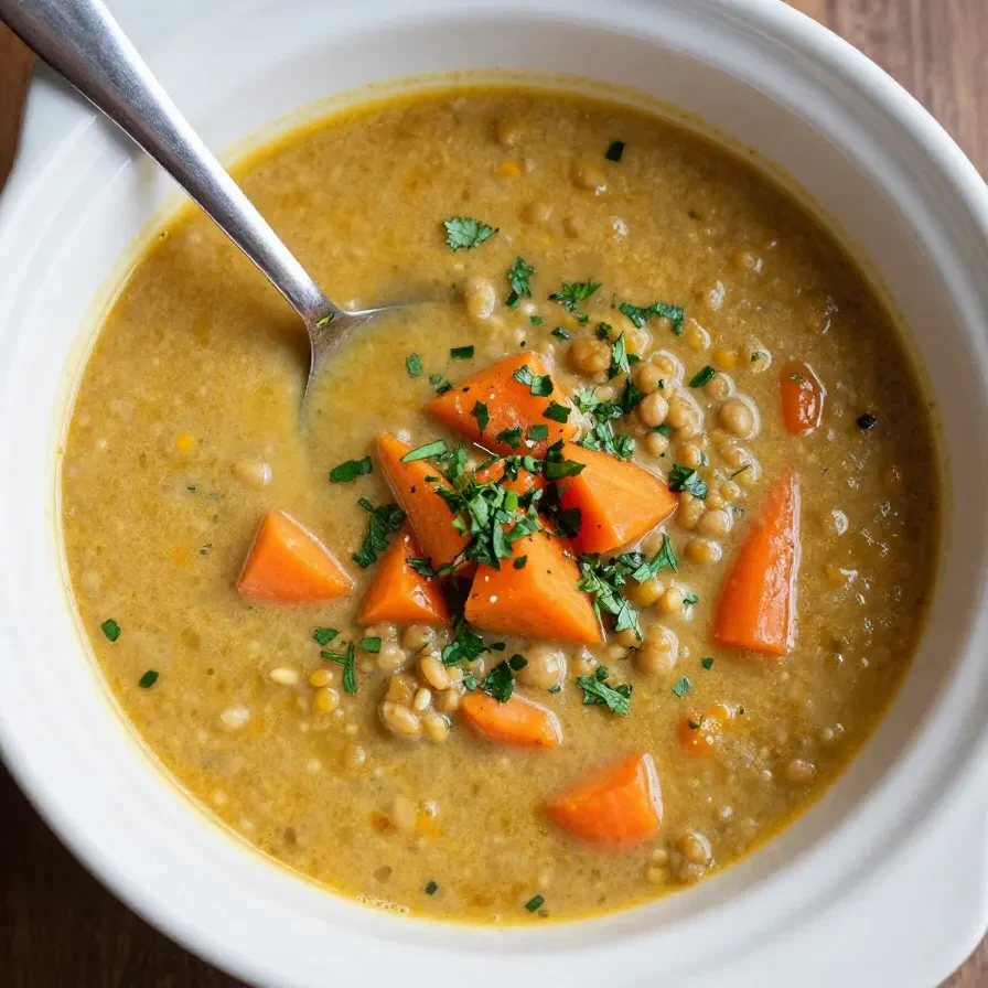 A bowl of hearty slow cooker lentil soup topped with fresh herbs