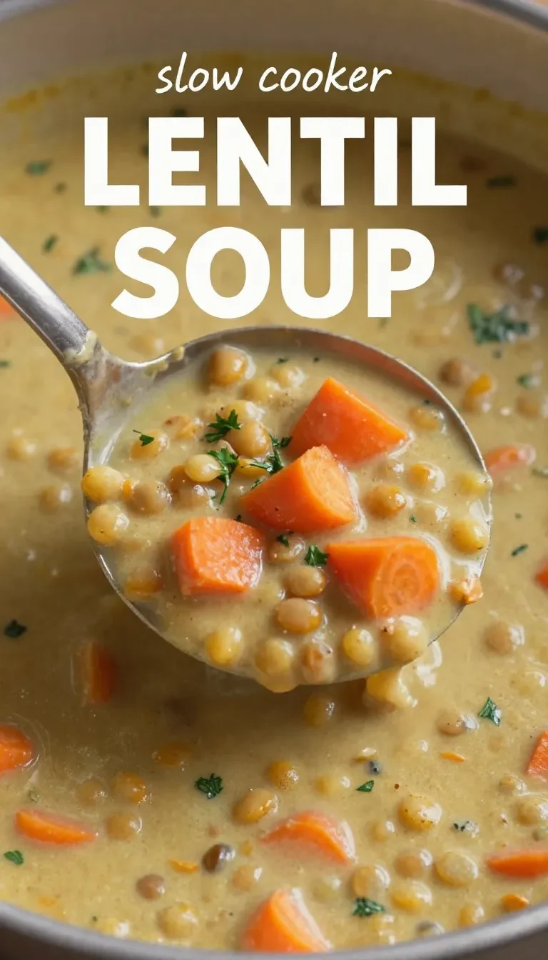 A bowl of hearty slow cooker lentil soup topped with fresh herbs