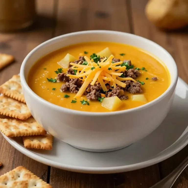 A bowl of cheesy crock pot hamburger potato soup garnished with fresh herbs