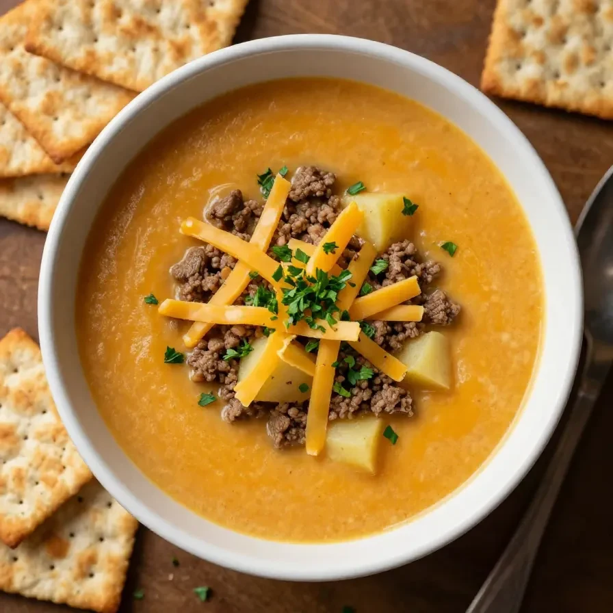 A bowl of cheesy crock pot hamburger potato soup garnished with fresh herbs