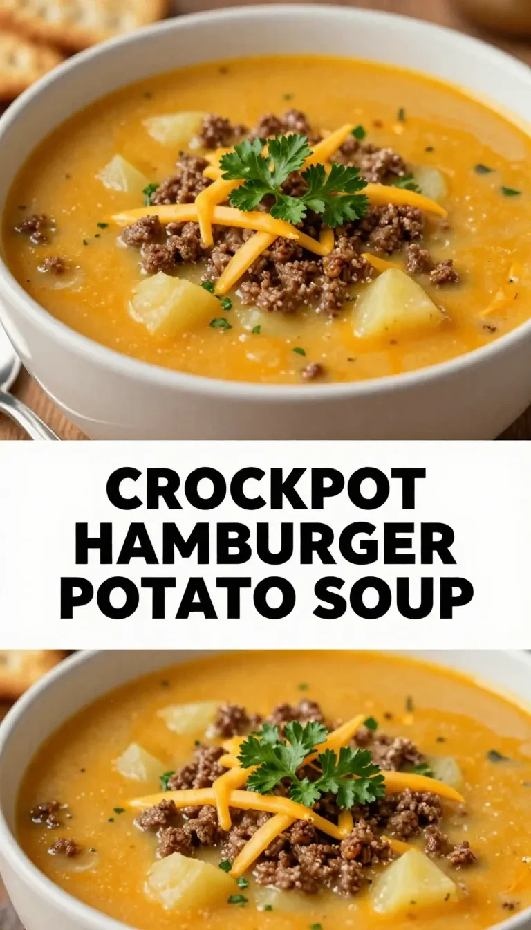 A bowl of cheesy crock pot hamburger potato soup garnished with fresh herbs