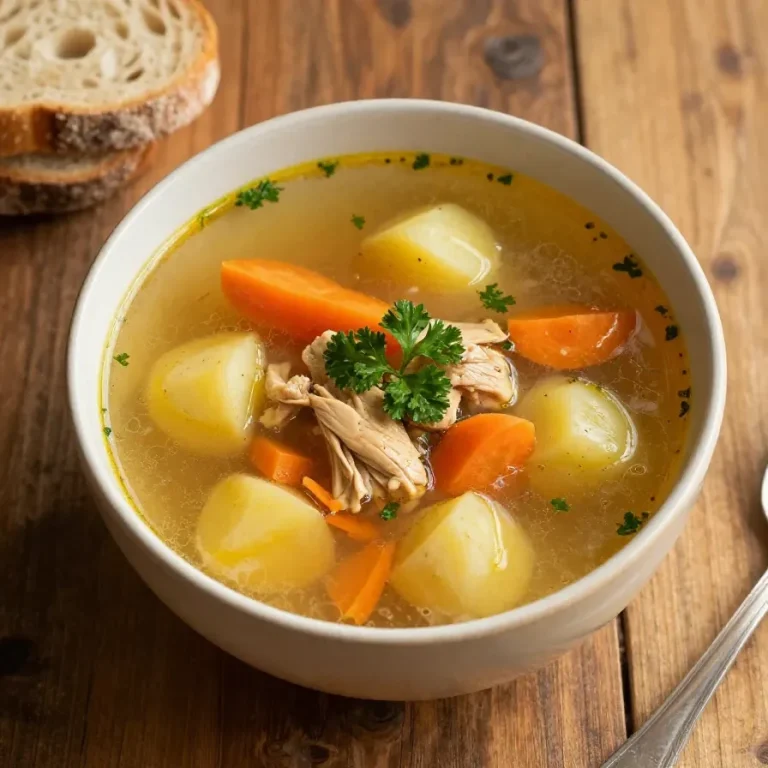 A bowl of slow cooker chicken and vegetable soup garnished with fresh herbs