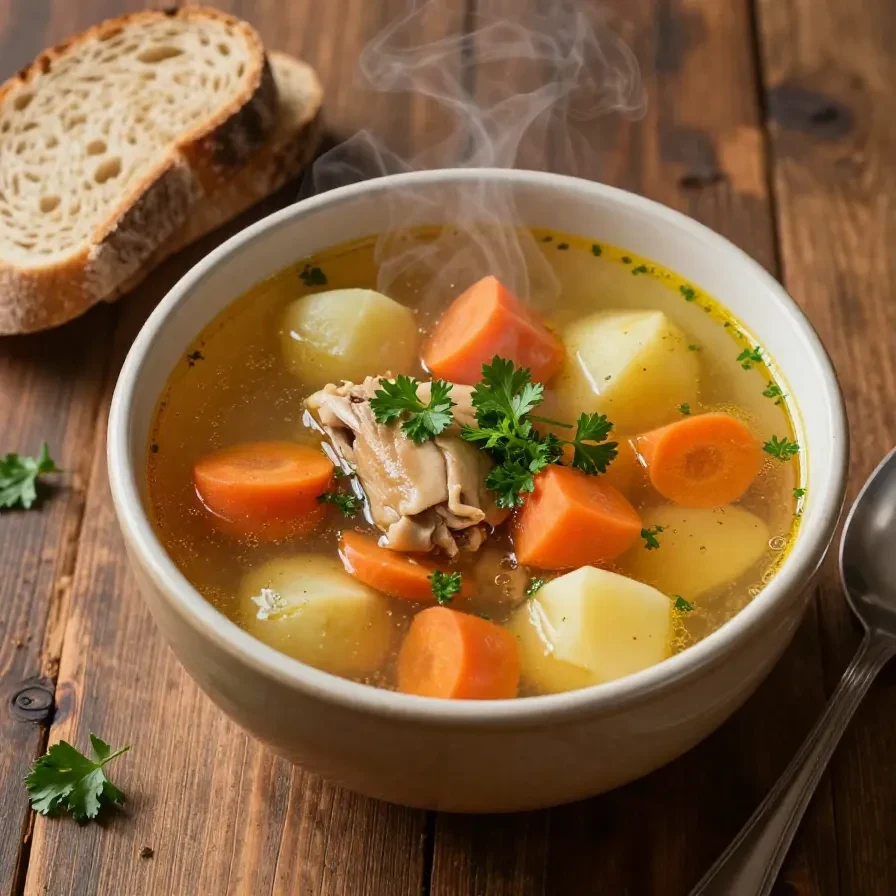 A bowl of slow cooker chicken and vegetable soup garnished with fresh herbs