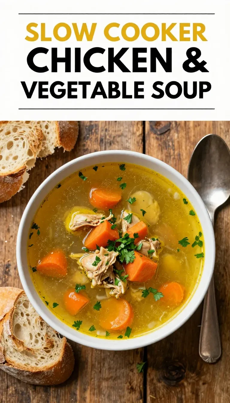 A bowl of slow cooker chicken and vegetable soup garnished with fresh herbs