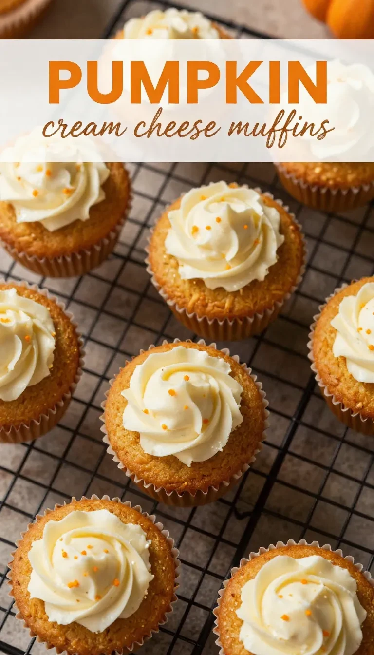 Delicious pumpkin cream cheese muffins on a wooden table