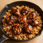 A plate of easy honey BBQ chicken served with fluffy rice and garnished with green onions