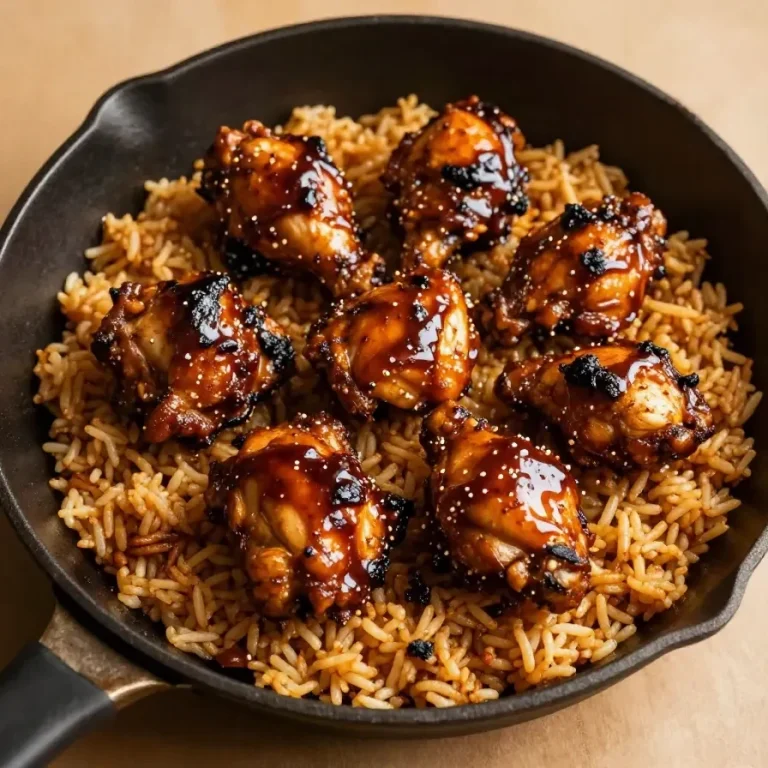 A plate of easy honey BBQ chicken served with fluffy rice and garnished with green onions