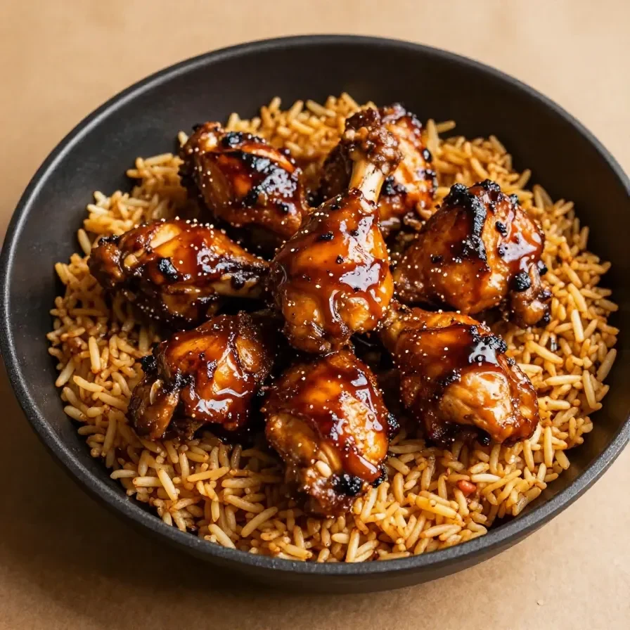 A plate of easy honey BBQ chicken served with fluffy rice and garnished with green onions