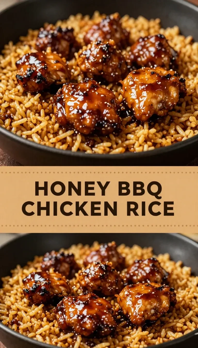 A plate of easy honey BBQ chicken served with fluffy rice and garnished with green onions