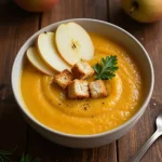 A bowl of creamy roasted apple pumpkin soup garnished with fresh herbs and a drizzle of cream
