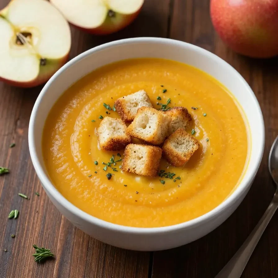 A bowl of creamy roasted apple pumpkin soup garnished with fresh herbs and a drizzle of cream