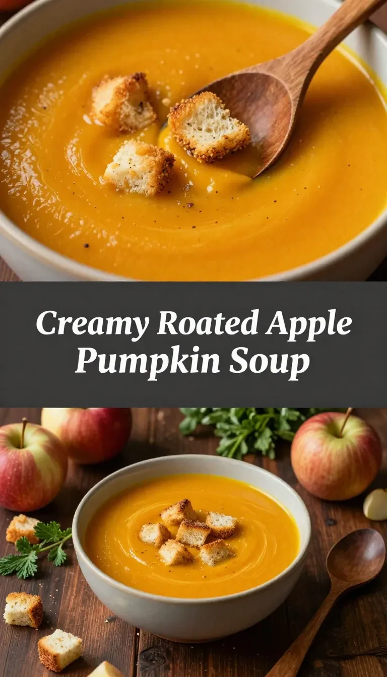 A bowl of creamy roasted apple pumpkin soup garnished with fresh herbs and a drizzle of cream