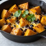 A colorful butternut squash and black bean enchilada skillet topped with cheese and fresh cilantro