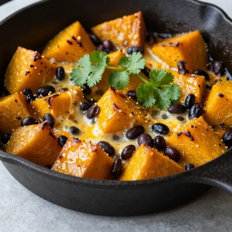 A colorful butternut squash and black bean enchilada skillet topped with cheese and fresh cilantro