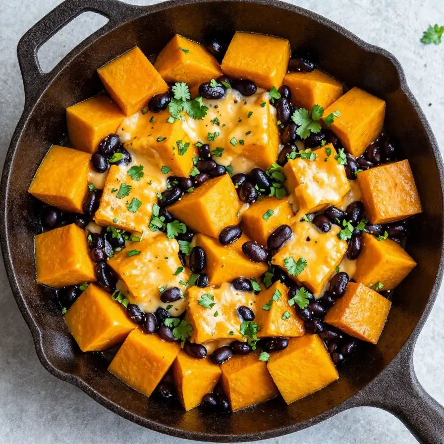 A colorful butternut squash and black bean enchilada skillet topped with cheese and fresh cilantro