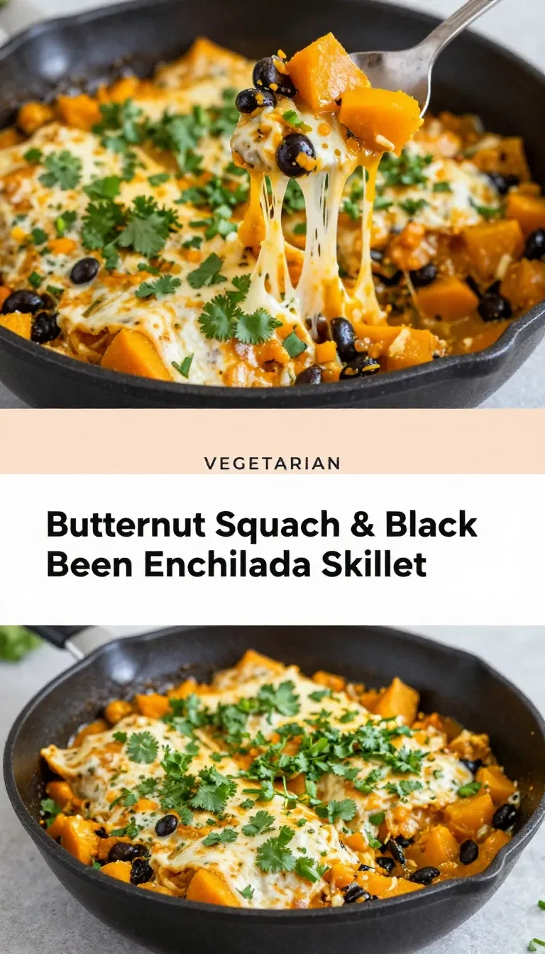 A colorful butternut squash and black bean enchilada skillet topped with cheese and fresh cilantro