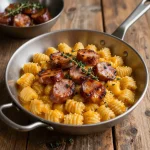 A bowl of creamy butternut squash gnocchi topped with sausage, thyme, and sage on a rustic wooden table
