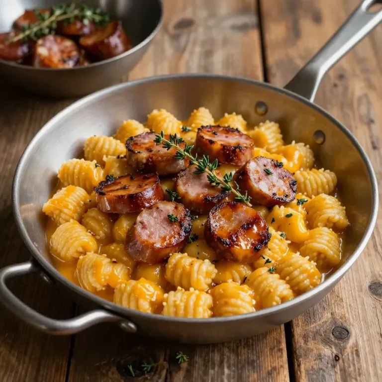 A bowl of creamy butternut squash gnocchi topped with sausage, thyme, and sage on a rustic wooden table