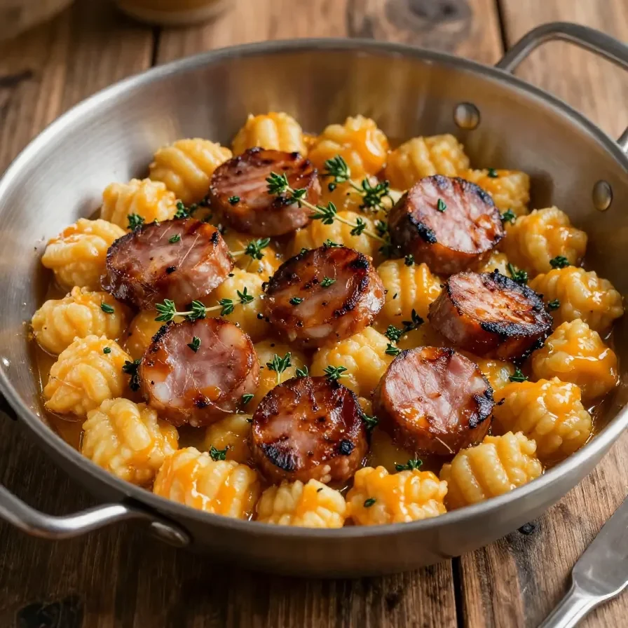 A bowl of creamy butternut squash gnocchi topped with sausage, thyme, and sage on a rustic wooden table