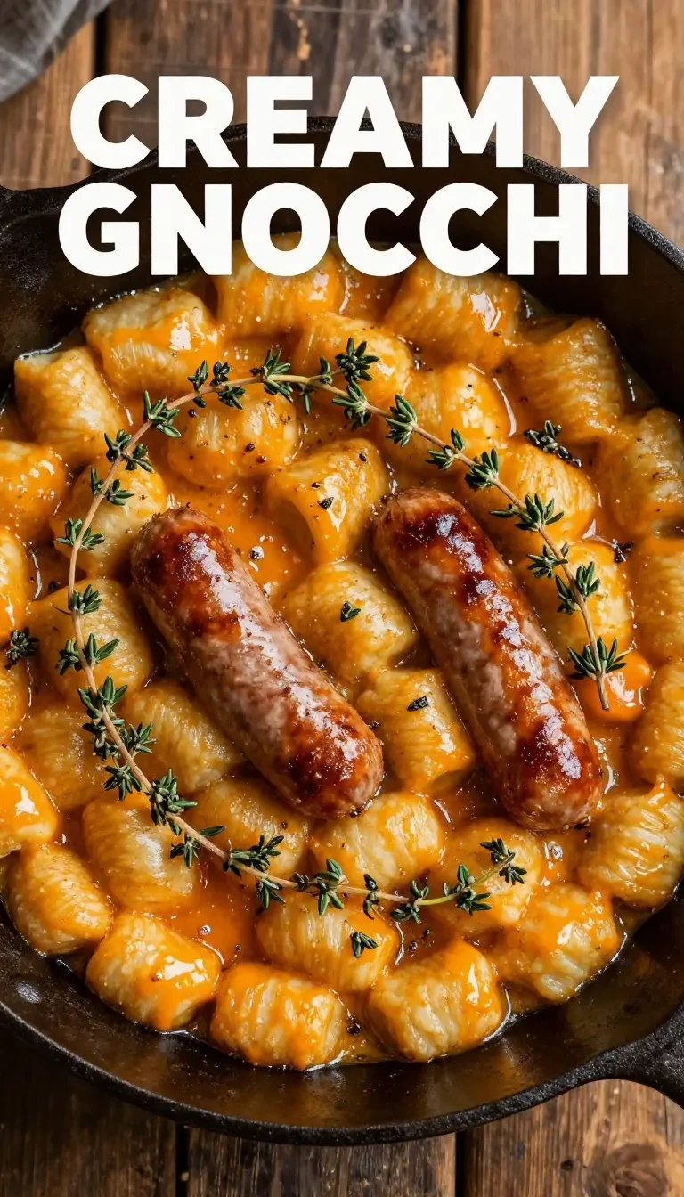 A bowl of creamy butternut squash gnocchi topped with sausage, thyme, and sage on a rustic wooden table