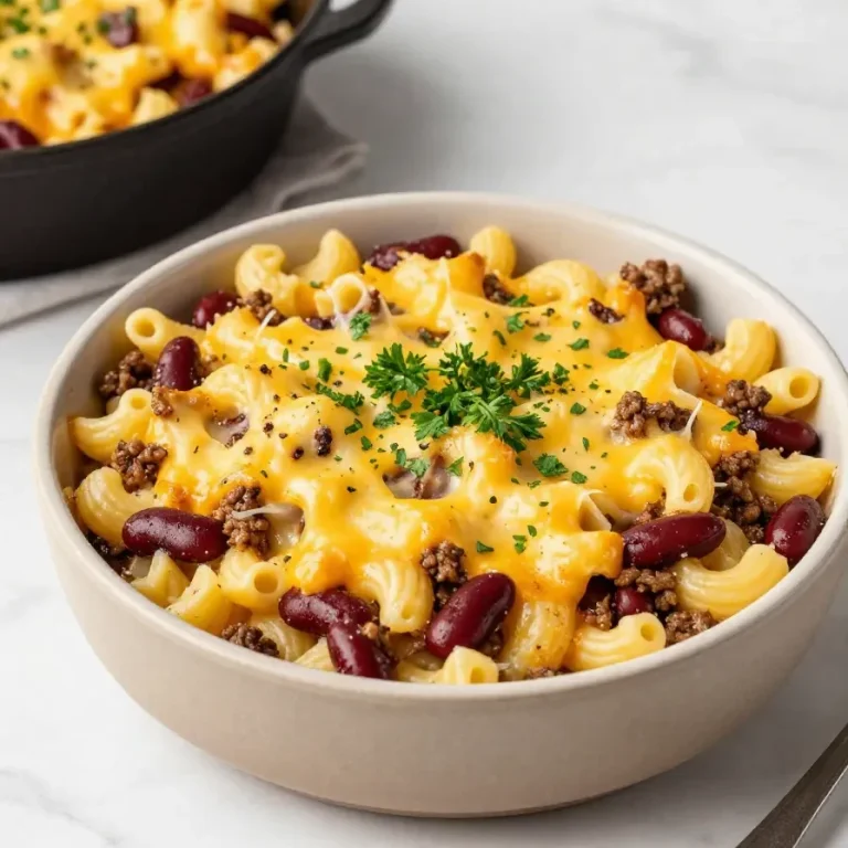 Chili Mac and Cheese Pasta Recipe A creamy bowl of chili mac and cheese topped with fresh herbs