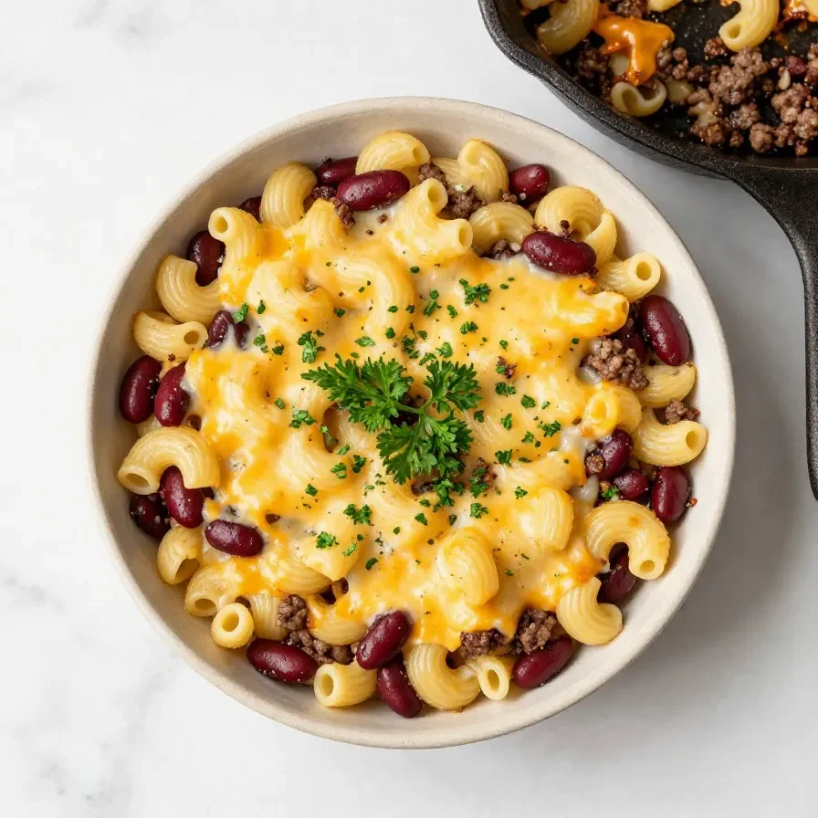 A creamy bowl of chili mac and cheese topped with fresh herbs