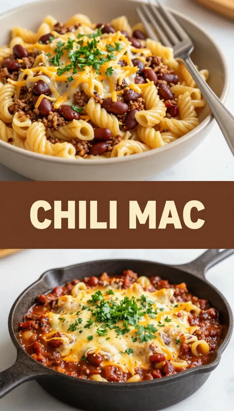 A creamy bowl of chili mac and cheese topped with fresh herbs
