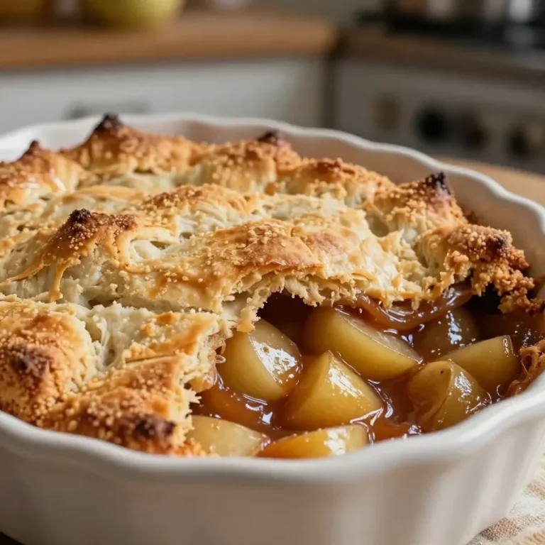 A delicious homemade apple cobbler topped with a golden crust and served in a baking dish.
