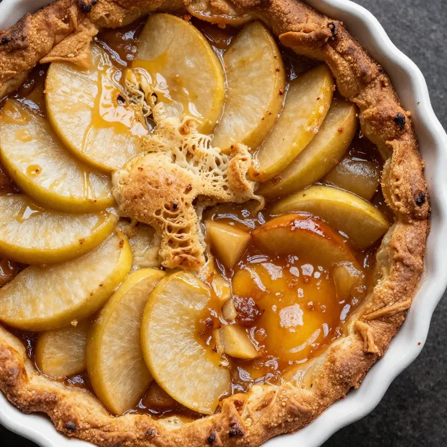 A delicious homemade apple cobbler topped with a golden crust and served in a baking dish.