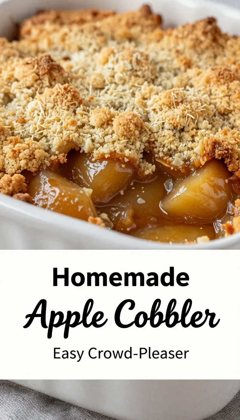 A delicious homemade apple cobbler topped with a golden crust and served in a baking dish.