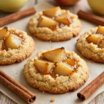 A close-up of chewy vegan apple pie cookies on a wooden table