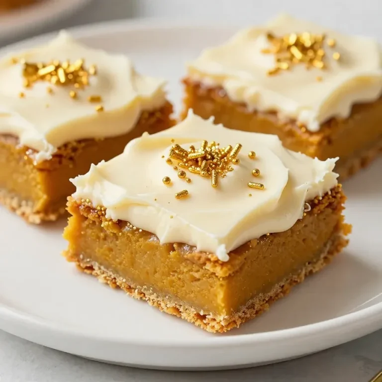 Delicious pumpkin bars topped with creamy cream cheese frosting on a rustic wooden table